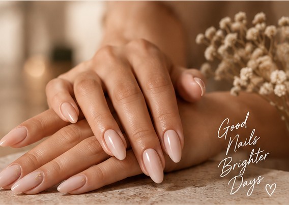 Softly manicured nails in a warm, natural nude finish